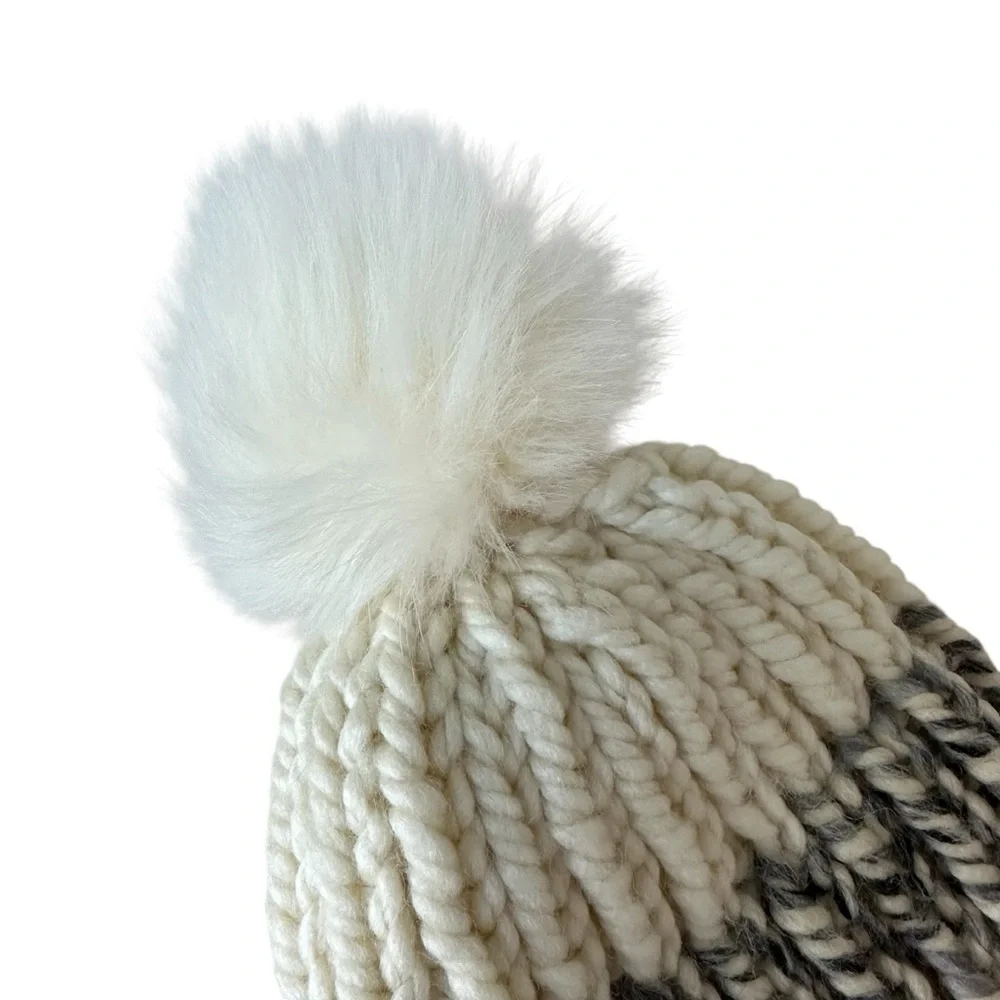 Steve Madden Cream and Gray Chunky Knit Beanie with Faux Fur Pom Pom
